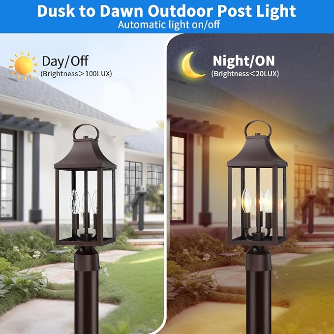 18.62'' Dusk to Dawn Post Light Outdoor, Large 3-Light Lamp Post Light | Modern Pillar Outside Lighting Waterproof Post Lantern Lamp Outdoor Post Light Fixtures Pole Lights for Porch, Brown