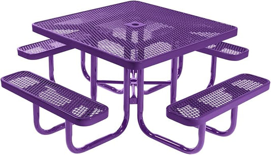 COATEDOUTDOORFURNITURE Heavy-Duty Portable Outdoor Picnic Table with Umbrella Hole, Expanded Metal Commercial-Grade Patio Furniture Made in America (46" Square Top, Purple with Purple Frames)