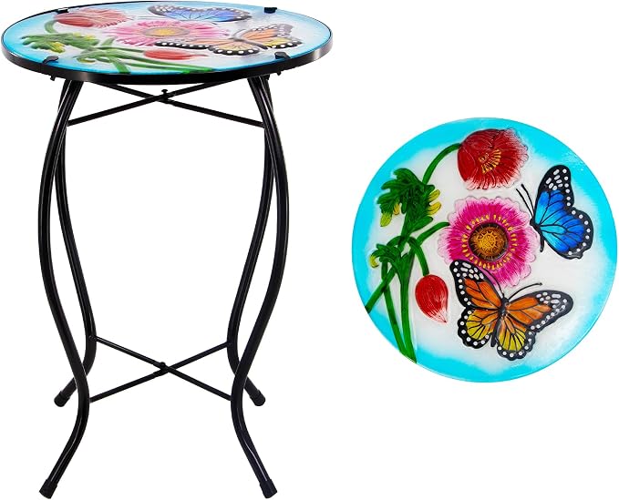 12 Inch Round Butterfly Glass Side Table, Patio Small Table, Outdoor Side Table, Outdoor Bar Table, Metal Glass End Table for Porch Garden Patio Pool Living Room