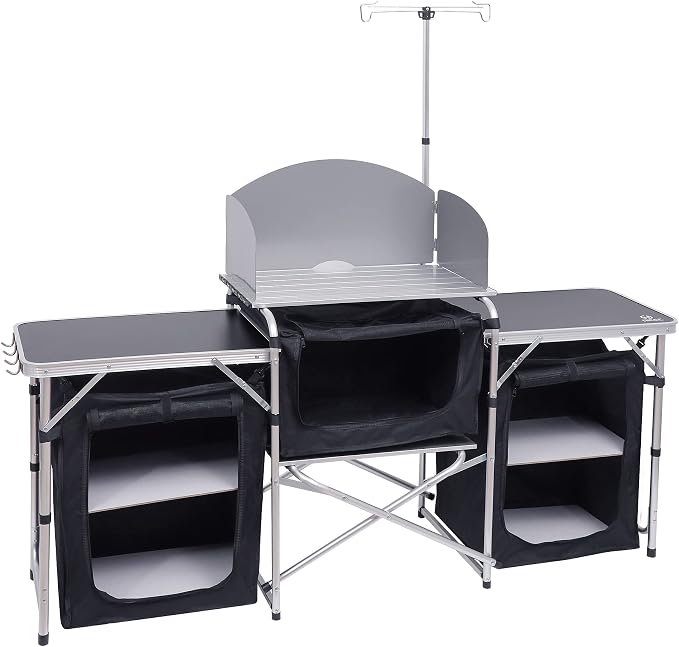 Nice C Camping Kitchen Table, Folding Cook Table, Upgrade Light Stand and Windshield Cook Station & 3 Organizers, Carry Bag for Grill, Outdoor, Beach, BBQ, Picnic, Cooking (Silver)