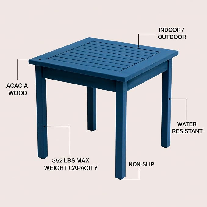 JONATHAN Y Archer 18" Square Acacia Wood Outdoor Side Table, Modern Glossy Nautical Blue Slatted Patio End Table for Porch, Poolside and Garden, Weather Resistant Accent Table END6000N