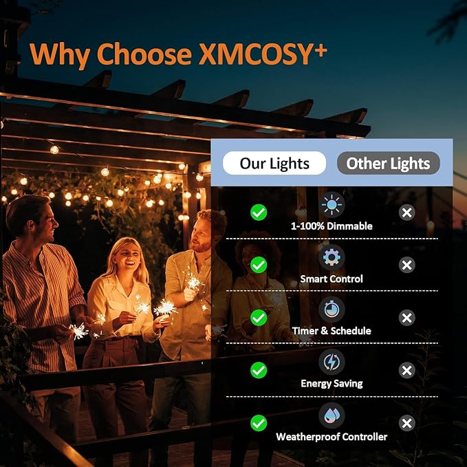 XMCOSY+ Smart Outdoor String Lights, 75Ft G40 Patio Lights with 34 Bulbs | Dimmable LED bulbs, connectable, WiFi & APP control, works with Alexa, extendable waterproof design for porch and backyard