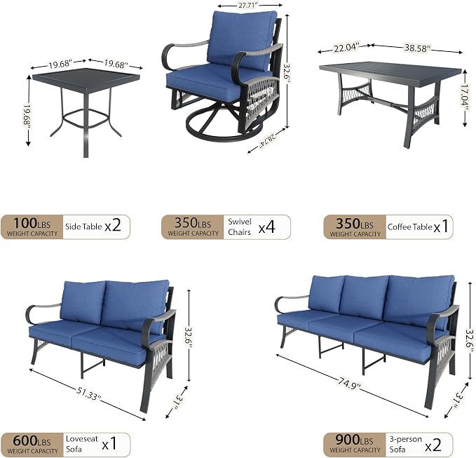 10 Pieces Patio Furniture Set, Metal Outdoor Conversation Sets with Swivel Chairs, Modern Couch Sofa Seating Group with Coffee Table and Side Table (Thick Blue Cushions)