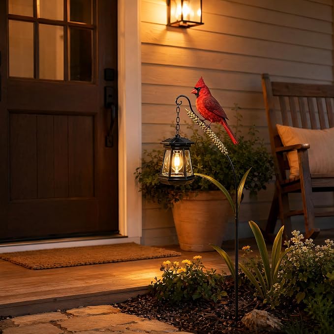 Cardinal Solar Light—A Beautiful Garden Light that Feels Full of Life | Outdoor Stake Yard Decor, Red Bird Lantern, Gift for Mom, Warm Glow Lantern for Patio Lawn Porch Pathway Yard Gardening Gift