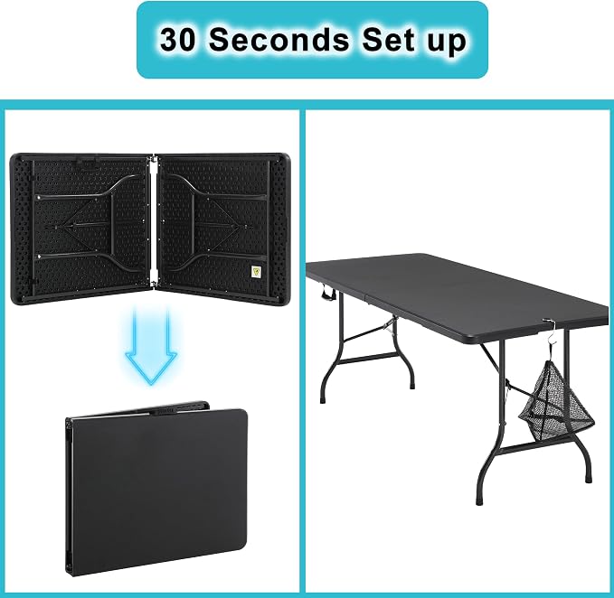 VECELO 6Ft Folding Picnic Table,Indoor Outdoor Plastic Portable Foldable Desk with Handle, Mesh Trash Bag&Lock Legs Heavy Duty for Camping, Dining, Party, Black