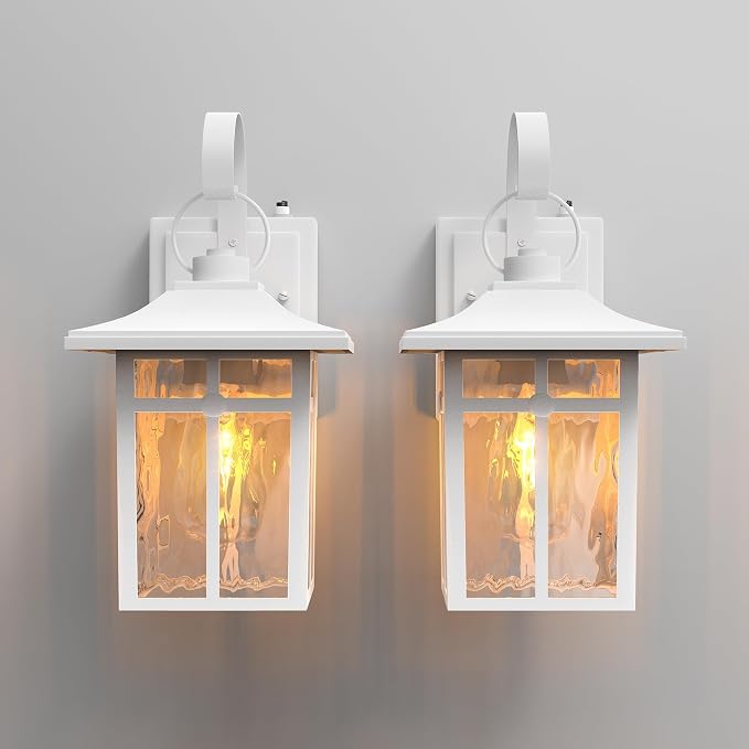 Dusk to Dawn Outdoor Wall Lights, Aluminum, White, 2 Pack | Ripple Glass, Modern Porch Lights, Exterior Sconce, For Entryway, Garage, Patio