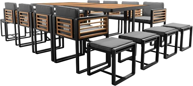 18-Piece Outdoor Patio Acacia Wood Dining Table Set, 2 Square Table with 8 Cushioned Chairs& 8 Stools, All-Weather Resistant Conversation Set with Metal Frame, Space-Saving Design for 8 (Gray-18P)