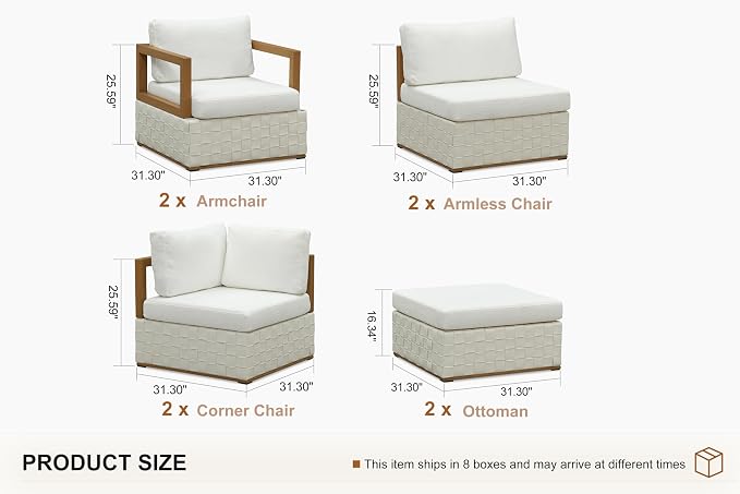 PURPLE LEAF Patio Outdoor Furniture Set 8 Pieces, Premium Leather Outdoor Couch Sectional Sofa, Patio Conversation Sets with Olefin Cushions, Patio Couch for Porch, Garden, Balcony, White