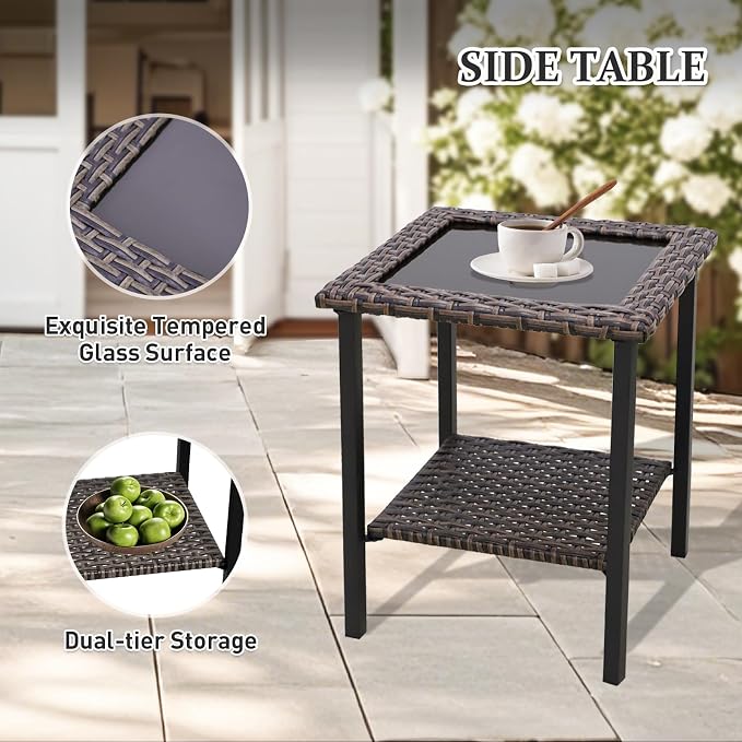 Canyon Ridge Outdoor Side Table, Tempered Glass Top Wicker Square Small End Table for Deck, Porch, Balcony, Garden and Backyard, Brown
