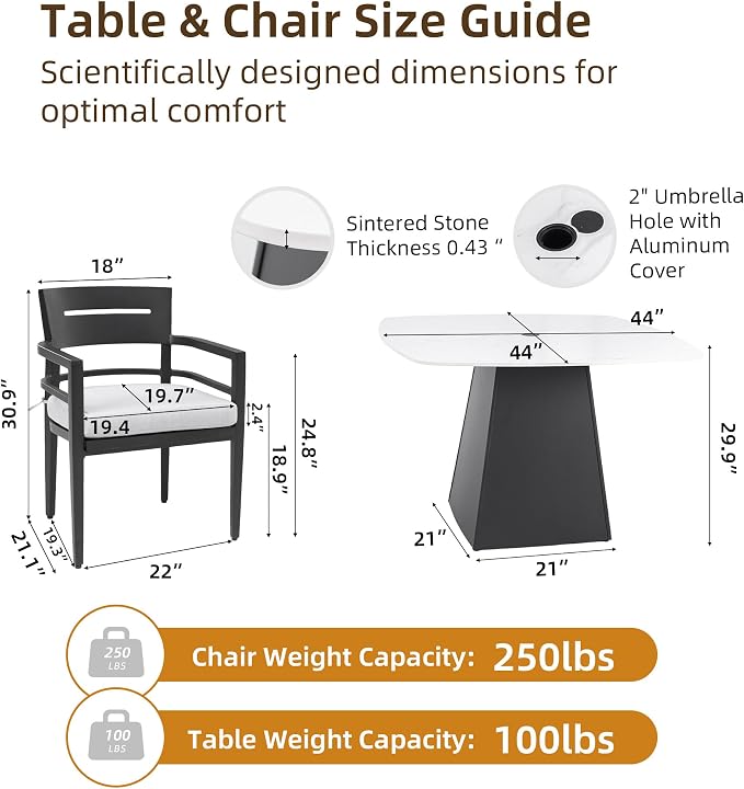 5-Piece Outdoor Patio Dining Table Set, Modern Faux Marble Stone Dining Table with 4 Sunbrella Chairs, Aluminum Frame and Umbrella Hole, Durable & Weather/Heat-Resistant
