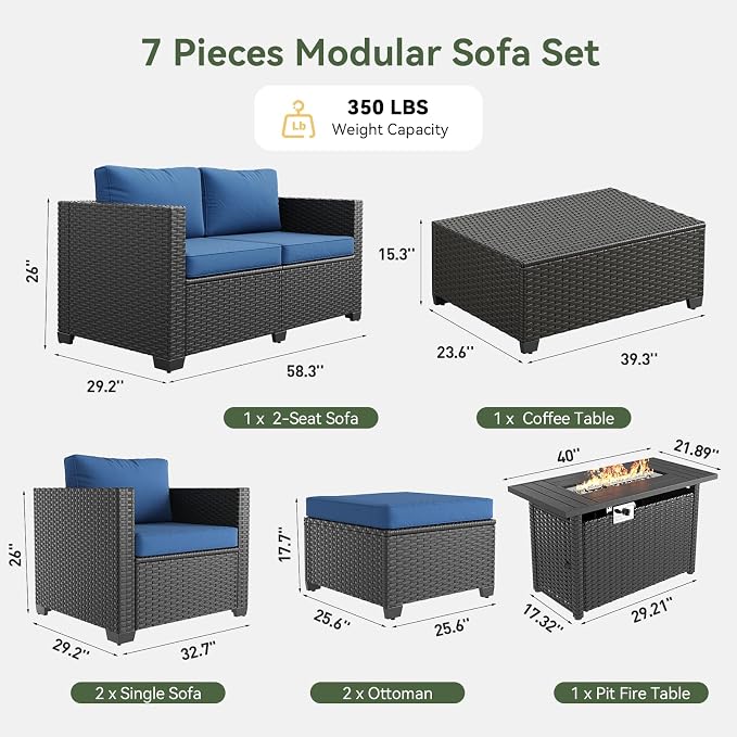 Aoxun Patio Furniture Set with Fire Pit Table, 6 Seats Piece Outdoor Furniture Set with Wicker Ottomans, Rattan Outdoor Sectional Sofa with Storage Table & Waterproof Cover Navy Blue