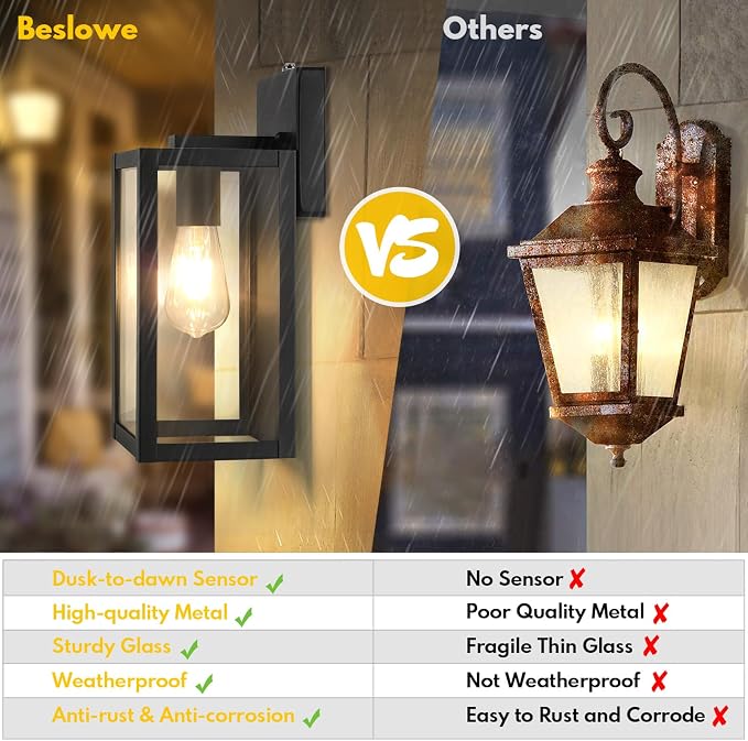 BesLowe 2-Pack Dusk to Dawn Outdoor Wall Lights, Black Exterior Sconces | Auto ON/OFF, Waterproof, Rust-Resistant, Durable Metal with Clear Glass, Standard E26 Socket, Easy to Install