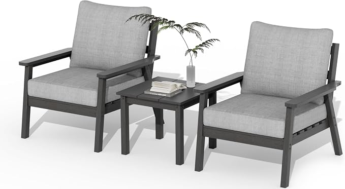 LOUNZY HDPE Patio Conversation Set, 3 pcs Sectional Outdoor Furniture Set, All Weather Outdoor Couch Set Patio Furniture Set for Deck, Lawn, Black