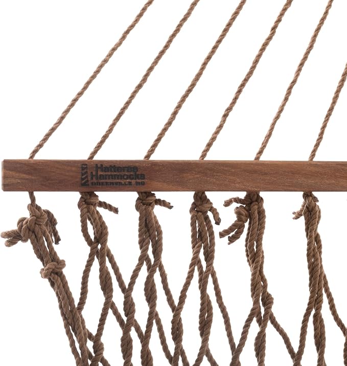 Hatteras Hammocks Executive Antique Brown DuraCord Rope Hammock – 13 ft. x 65 in., 2-Person, 450 lb Capacity, Cumaru Spreader Bar, Zinc-Plated Hardware – Handcrafted in The USA