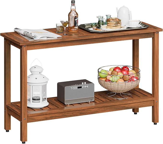 Wooden Console Table, 48in 2-Shelf Solid Wood Patio Side Table, Indoor Outdoor Buffet Bar Organizer with Foot Sliders (Natural)