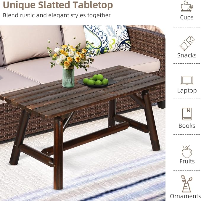 Outdoor Coffee Table, Thick Wooden Patio Adirondack Log Coffee Table with Slatted Tabletop, Wood Rustic Rectangle Center Table for Deck, Garden, Balcony, Indoor or Outdoor Use, Carbonized