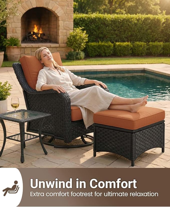 7 Pieces Outdoor Furniture Set with 6-inch Cushions, High Back Wicker Swivel Rocker Chairs with Fire Pit Table, Luxury Conversation Set for Deck Patio and Poolside