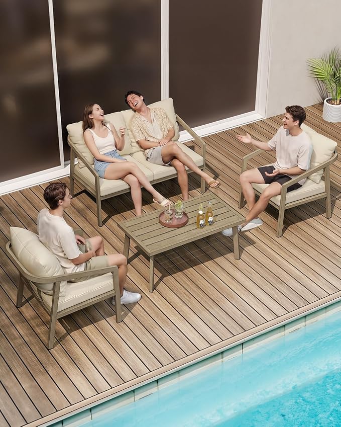 Patio Coffee Table, Never-Rust Aluminum Outdoor Coffee Table with Wood Grain Texture, Modern Rectangle Garden Coffee Table with Slatted Tabletop for Poolside, Decks, Indoor, Balcony, Gray Oak