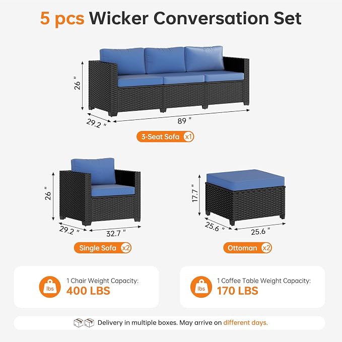 LazySunsets 5-Piece Outdoor Patio Furniture Set, Rattan Outdoor Sectional with Thick Waterproof Cushions, Wicker Ottomans & Waterproof Cover, Patio Conversation Set for Garden, Backyard, Navy Blue