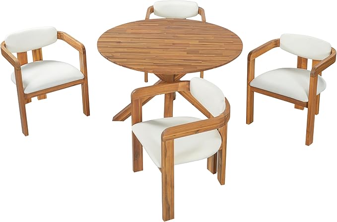 Christopher Knight Home Katy Modern 5 Piece Outdoor Dining Set, Round Dining Table Set for 4 with Chairs, Acacia Wood Patio Furniture Set with Barrel Chairs and Seat & Back Cushions, Beige+Brown