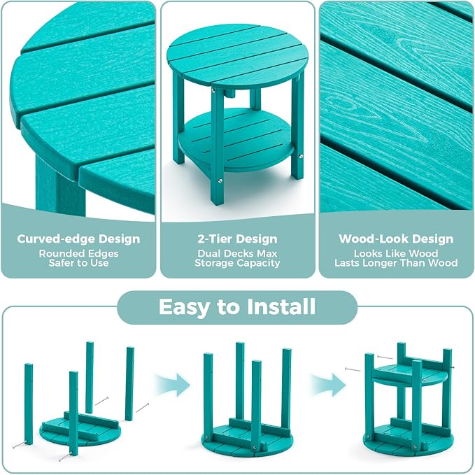 Outdoor Side Table, Adirondack Round 2-Tier Patio Table, Easy Maintenance & Weather Resistant, HDPE End Table for Backyard, Pool, Patio, Porch, Turquoise