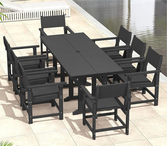 9-Piece Outdoor Dining Set, HDPE Weatherproof Patio Table and Chairs Set for 8, Outdoor Patio Furniture Sets with Umbrella Hole for Outside, Deck, Backyard, Garden (Black)
