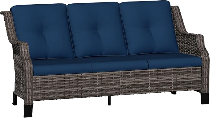 Outdoor Patio Sofa Wicker 3 Seater Sofa, Rattan Couch with Deep Seat and Olefin Cushions, High Backrest, All-Weather for Balcony, Deck, Backyard