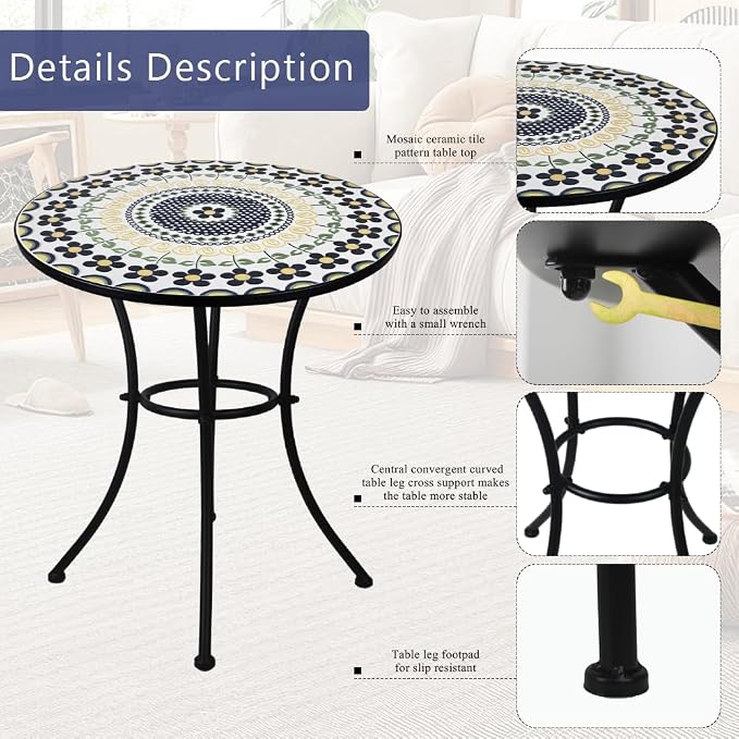 24 Inch Mosaic Patio Round Side Table with Ring Curved Legs Indoor and Outdoor Accent End Table for Yard, Garden, Living Room, Bistro, A - Black Floral