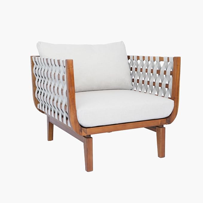 Merax Outdoor Acacia Wood Club Chair wtih Cushions, Patio Sofa Chair with Hand-Woven Rope, Deep Seating for Porch, Lawn, Backyard, Balcony, 400 lbs Weight Capacity, Teak+ Beige