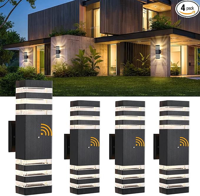 DASTOR 4 Pack Dusk to Dawn Outdoor Wall Lights, Up and Down Outdoor Lights for House, Black Aluminum Exterior Lighting Fixtures Wall Mount for Porch Patio Garage