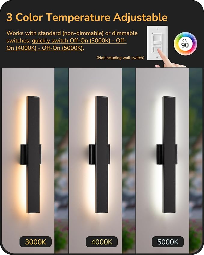 EDISHINE 23.6" Modern Outdoor Wall Lights, 3CCT & 10%-100% Dimmable, IP65 Waterproof, LED Exterior Lighting Fixtures, Linear Outdoor Wall Sconce for Porch, Patio, 2 Pack, Black