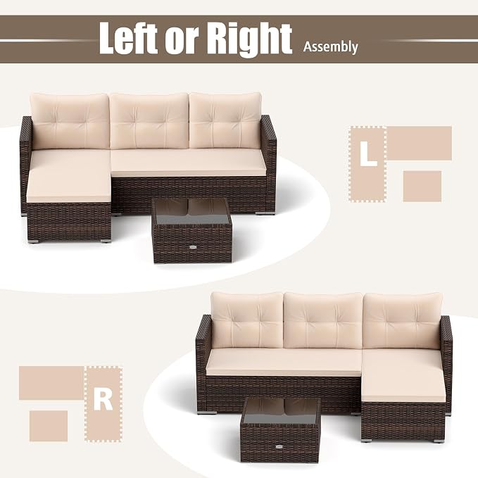 RELAX4LIFE Wicker Patio Furniture Set - PE Rattan L-Shaped Sectional Sofa Seating w/Soft Cushions, Tempered Glass Coffee Table, Outdoor Conversation Couch Set for Backyard Garden Porch Balcony