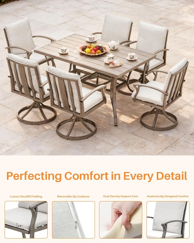 7-Piece Patio Swivel Dining Set for 6, Never Rusts Aluminum Outdoor Dining Set, Patio Dining Furniture with Cushions, Outdoor Table and 6 Swivel Chairs for Deck Garden Yard, Limed Oak