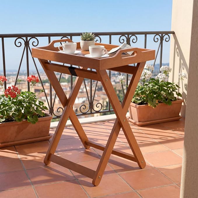 HAPPYGRILL Outdoor Wood Tray Table Folding Side Table with Removable Serving Tray, Portable Patio End Table for Porch, Garden, Backyard, Poolside (1)
