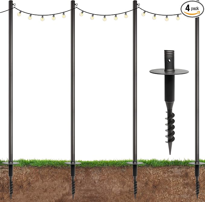 EXCELLO GLOBAL PRODUCTS Premium String Light Poles - 4 Pack - Extends to 10 Feet – Yard Mount (Grass/Dirt) | Yard Mount, Grass/Dirt
