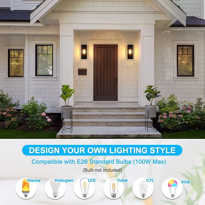VerRon Outdoor Black Wall Light Fixtures, Modern Exterior Wall Lanterns | Anti-Rust E26 Modern Lighting Fixtures Waterproof with Clear Glass Shades for Patio Garage Entryway Front Door, 2-Pack