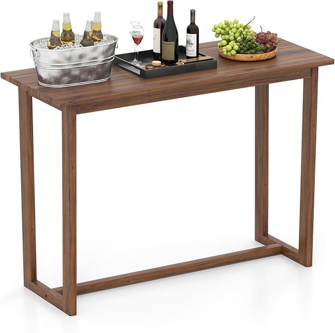Tangkula 59 Inch Outdoor Bar Table, Teak Wood Rectangle Patio Bar Height Pub Table with Slatted Top, for Balcony, Garden and Poolside