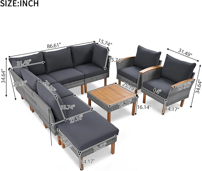 VilroCaz 9-Piece Outdoor Patio Sectional Sofa Set, PE Rattan Conversation Sofa Set with Acacia Wood Legs, Modern All Weather Outdoor Garden Furniture Set with Comfortable Cushion and Coffee Table