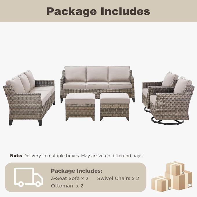 Belord Patio Wicker Swivel Rocker Patio Chairs with 3-Seater Sofa, Outdoor Rattan Chairs for Deck Porch Poolside, 6 Piece Luxury Patio Furniture Set, Beige