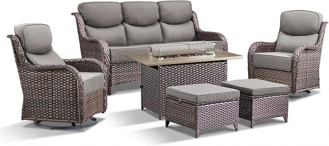 Luxury Patio Furniture Set with Fire Pit Table-6 Pieces All Weather Outdoor Swivel Rocker Chairs with Sofa and Ottomans. Outdoors Patio Conversation Sets for Porch Deck Garden Backyard(Brown/Grey)