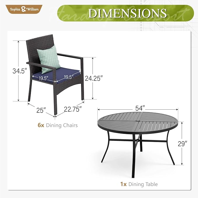 Sophia & William 7-Piece Patio Dining Set, Round Table, PE Wicker Chairs | All Weather Patio Table and Chairs Set for 6, Perfect for backyard, deck, porch