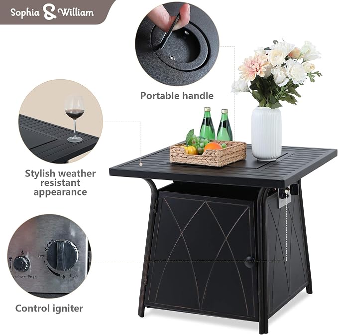 Sophia & William Patio 5 Pieces Dining Set with 1 Square Gas Fire Pit Table and 4 PE Rattan Chairs, Modern 2 in 1 50000 BTU Outdoor Propane Firepits Table Auto-ignition Black 28.4"L x 28.4"Wx 24.8"H