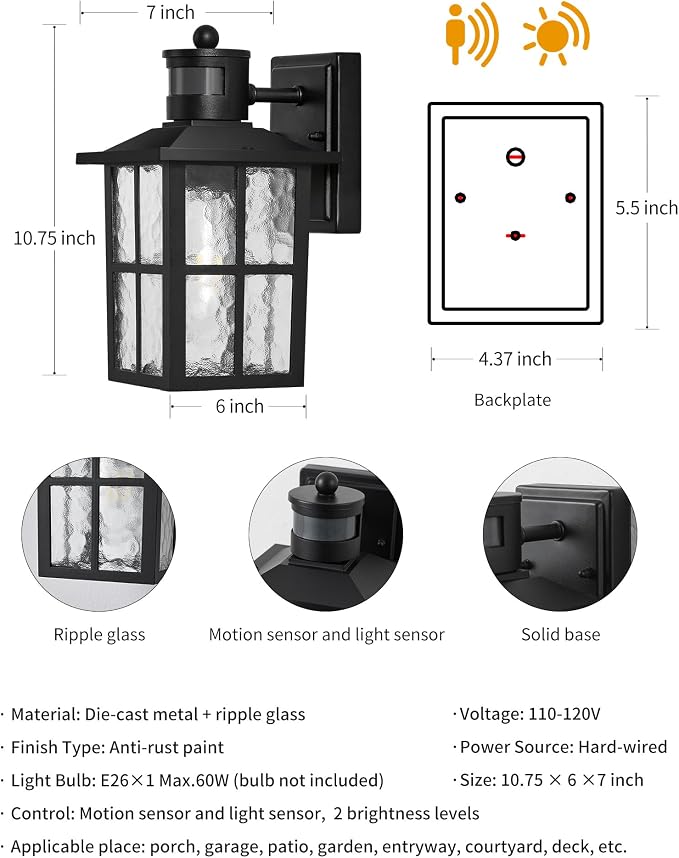 KDG Black Outdoor Motion Sensor Modern Patio Wall Light Fixtures Set of 2 | E26 Socket Waterproof Lanterns & Sconce with Tempered Glass, Modern Wall Mounted Lamps for Home, Front Door, Garage, Porch