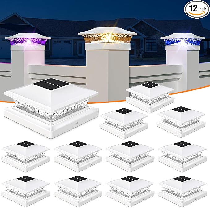 APONUO Solar Post Cap Lights with 8 RGB Solid Colors & Multicolor Flow - 12 Pack Fence Post Solar Lights, IP65 Waterproof - Fits 4x4 5x5 6x6 Wood & Vinyl Posts - White