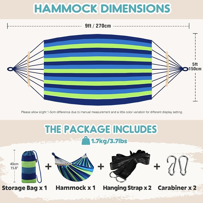 ANYOO Portable Camping Hammock Cotton Hammocks with Spreader Bar Outdoor | Sturdy Lightweight Hammocks Up to 450lbs with Carry Bag