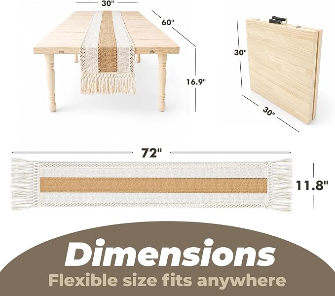 Boho Folding Picnic Table, 60" x 30" Low Wooden Table | Includes Table Runner & Non-Slip Pads, Portable Indoor/Outdoor Table for Camping, Beach, Garden, Wedding & Parties, Seats 6-8