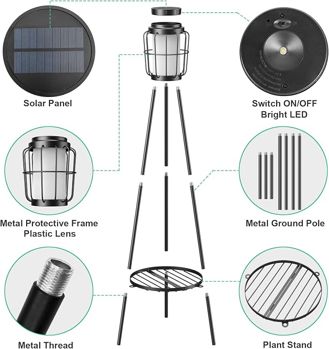 VISFLAIR 2 Pack Solar Lights with Plant Stand, Outdoor Floor Lamps, Waterproof Solar Powered Floor Lamps for Patio Deck Porch Yard Garden Decor
