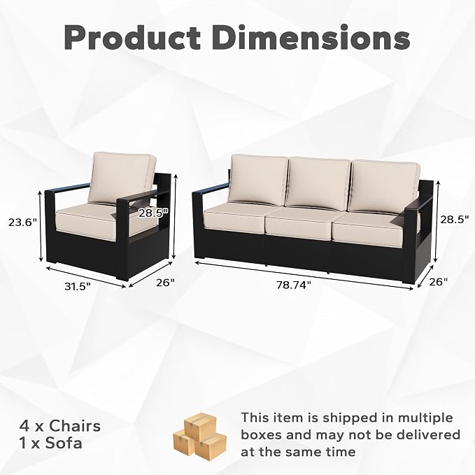 Outdoor Aluminum Furniture Set, 5-Piece Patio Conversation Set, 4 Chairs and 1 Sofa, All-Weather Metal Frame, 6" Thick Removable Cushions, Deep Setting for Garden, Poolside and Porch