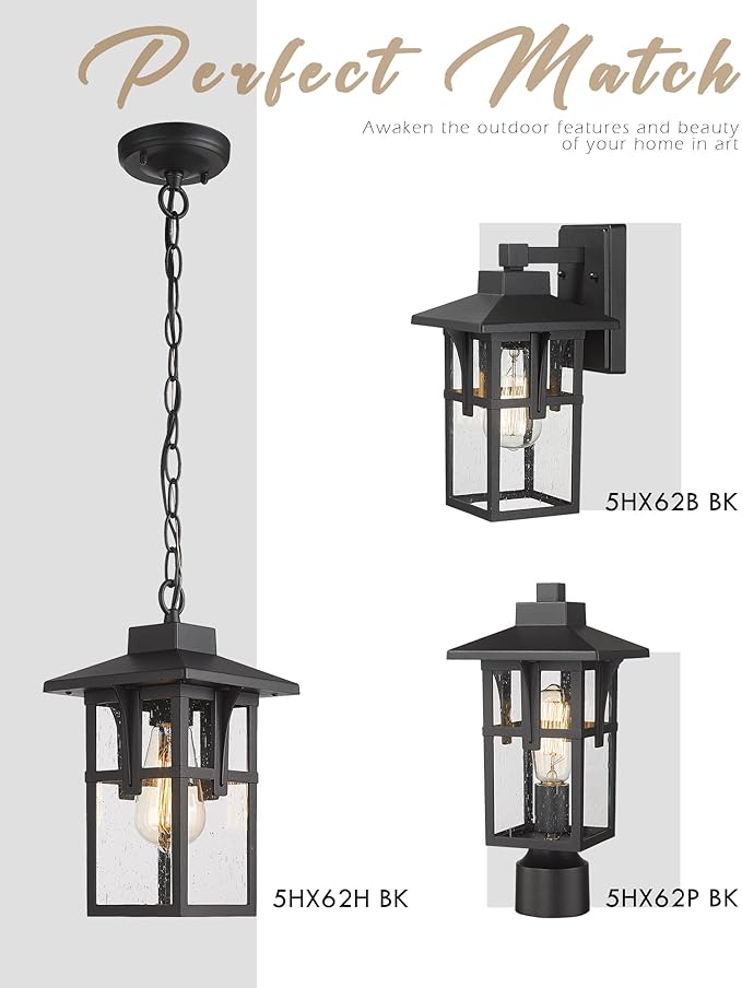 HWH INVESTMENT Outdoor Wall Light 2 Pack, Exterior Wall Sconce Light Fixtures with Seeded Glass, Farmhouse 1-Light Porch Light Waterproof for Patio Balcony Indoor, Matte Black, 5HX62B-2PK BK
