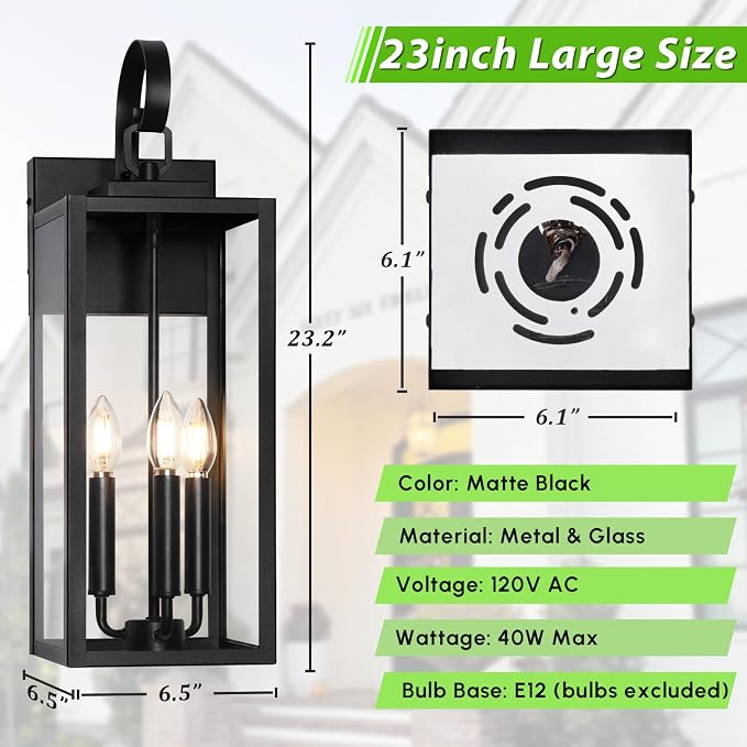 BesLowe 23" Large Outdoor Wall Light, 3-Light Black Exterior Sconce | Waterproof, Rust-Resistant, Durable Metal with Clear Glass, Standard E12 Socket, Easy to Install